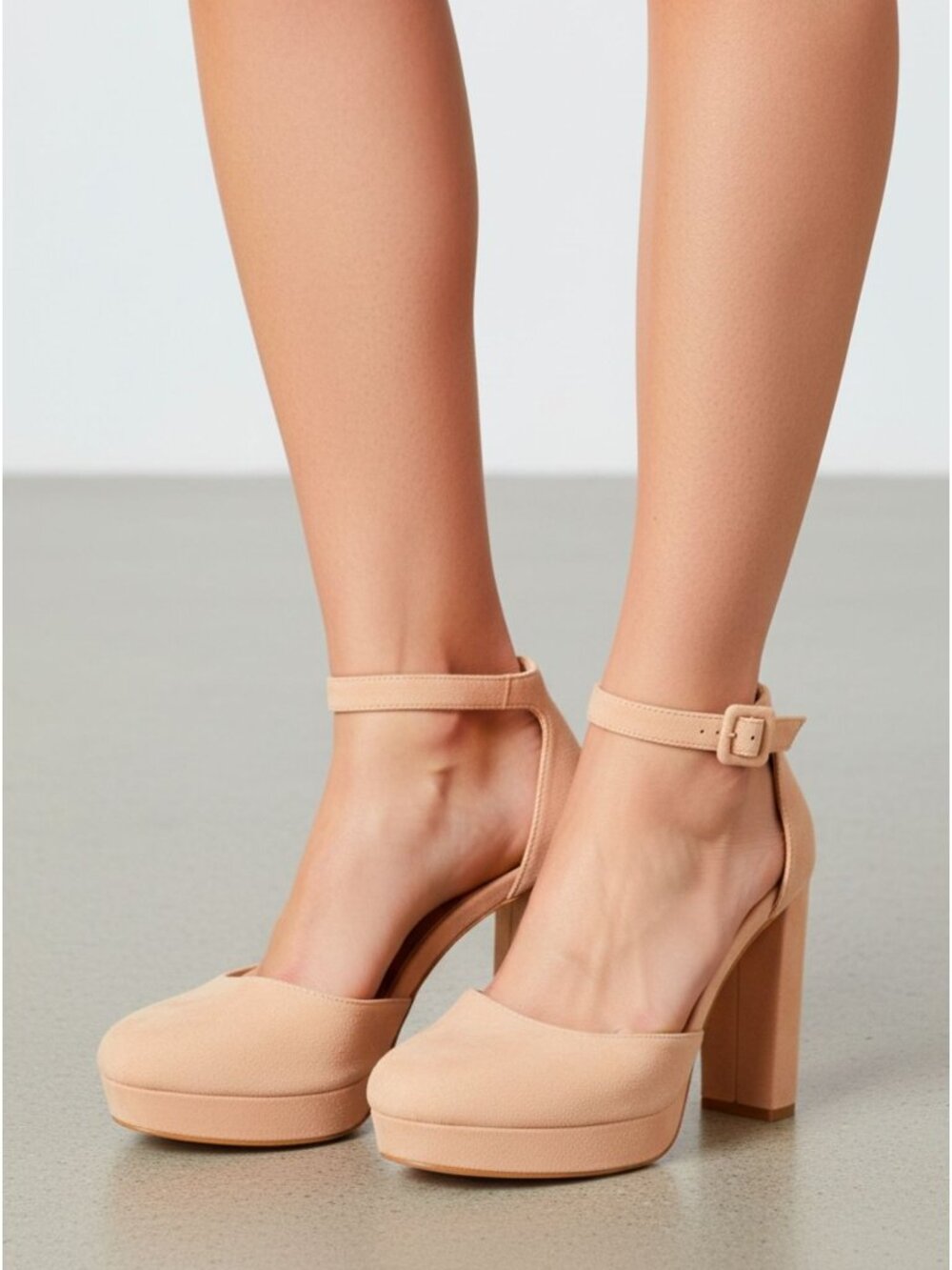 Nude Platform Block Heel Ankle Strap Pumps For Women Faux Suede Material